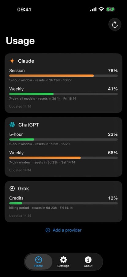 Usage dashboard with Claude, ChatGPT and Grok usage bars and reset times, using sample data
