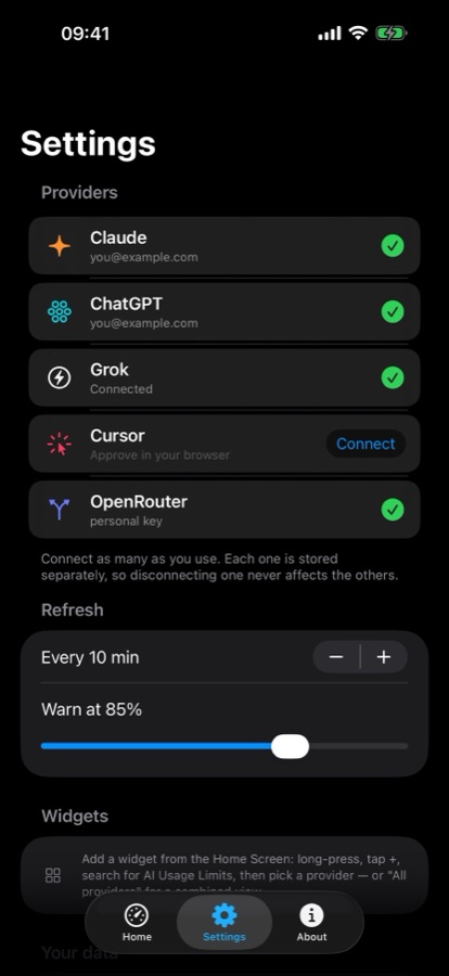 Settings screen listing the five supported providers, refresh interval and warning threshold