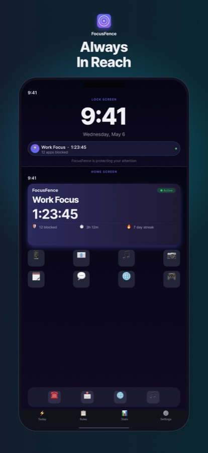 Lock Screen live activity and Home Screen widget showing the active Work Focus rule
