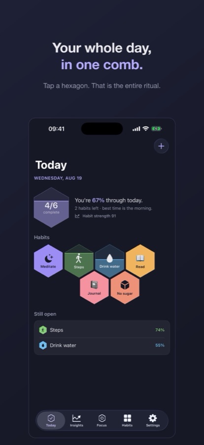 The Today screen showing a honeycomb of six habit hexagons