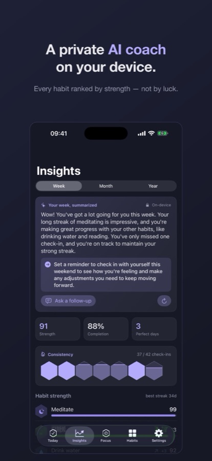 The Insights screen with an on-device weekly summary and habit strength ranking