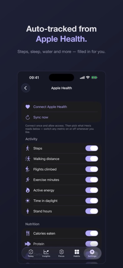 The Apple Health settings screen listing metrics that can be read