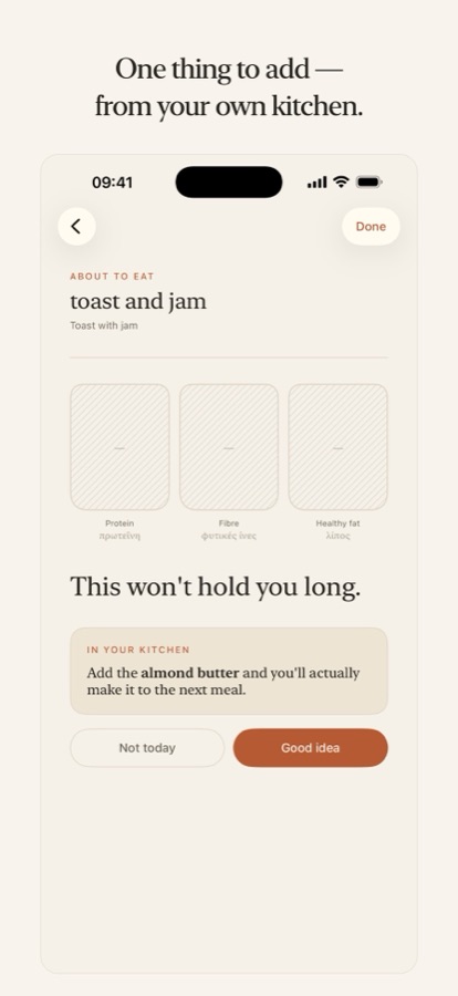 A read of toast and jam with empty protein, fibre and fat slots and an almond butter suggestion