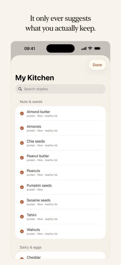 The My Kitchen screen listing staples with their protein, fibre and fat tags