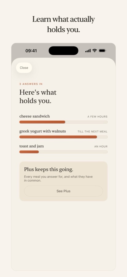 A ranking of meals by how long each held, with a Plus prompt