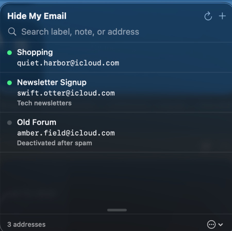 Masque popover showing a searchable list of Hide My Email addresses with labels and notes
