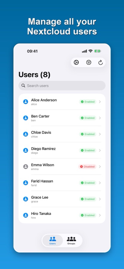 The Users list with enabled and disabled sample accounts