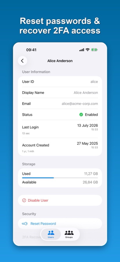 A user detail screen with storage, disable and reset password actions, using a sample account