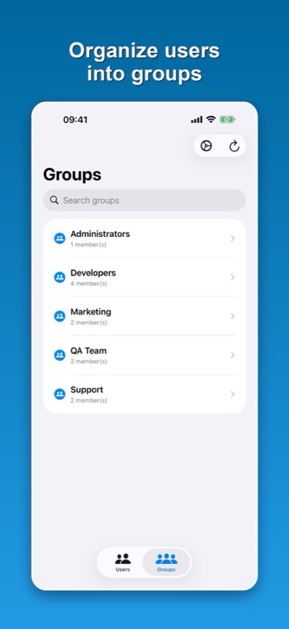 The Groups list showing member counts