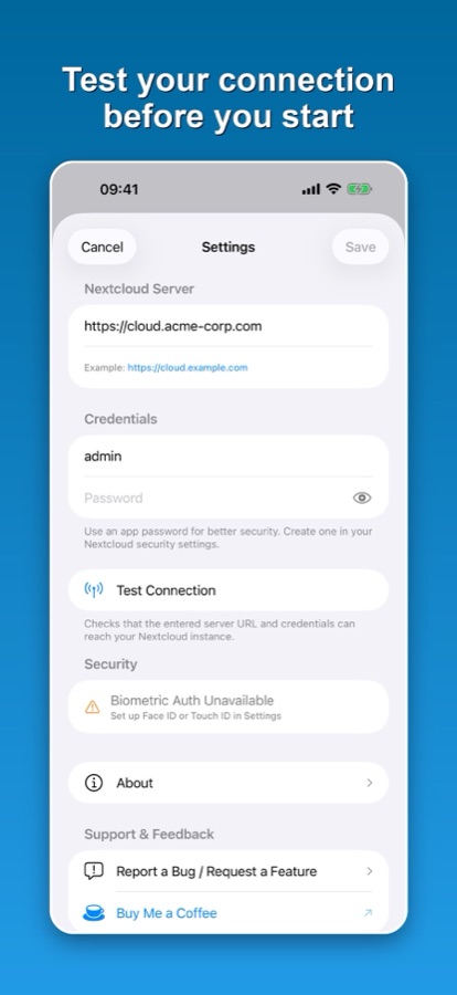 The Settings screen with server, credentials and Test Connection, using a sample server