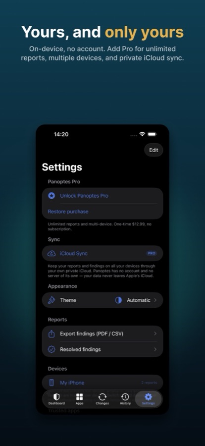 Settings screen with Panoptes Pro, iCloud Sync and PDF/CSV export